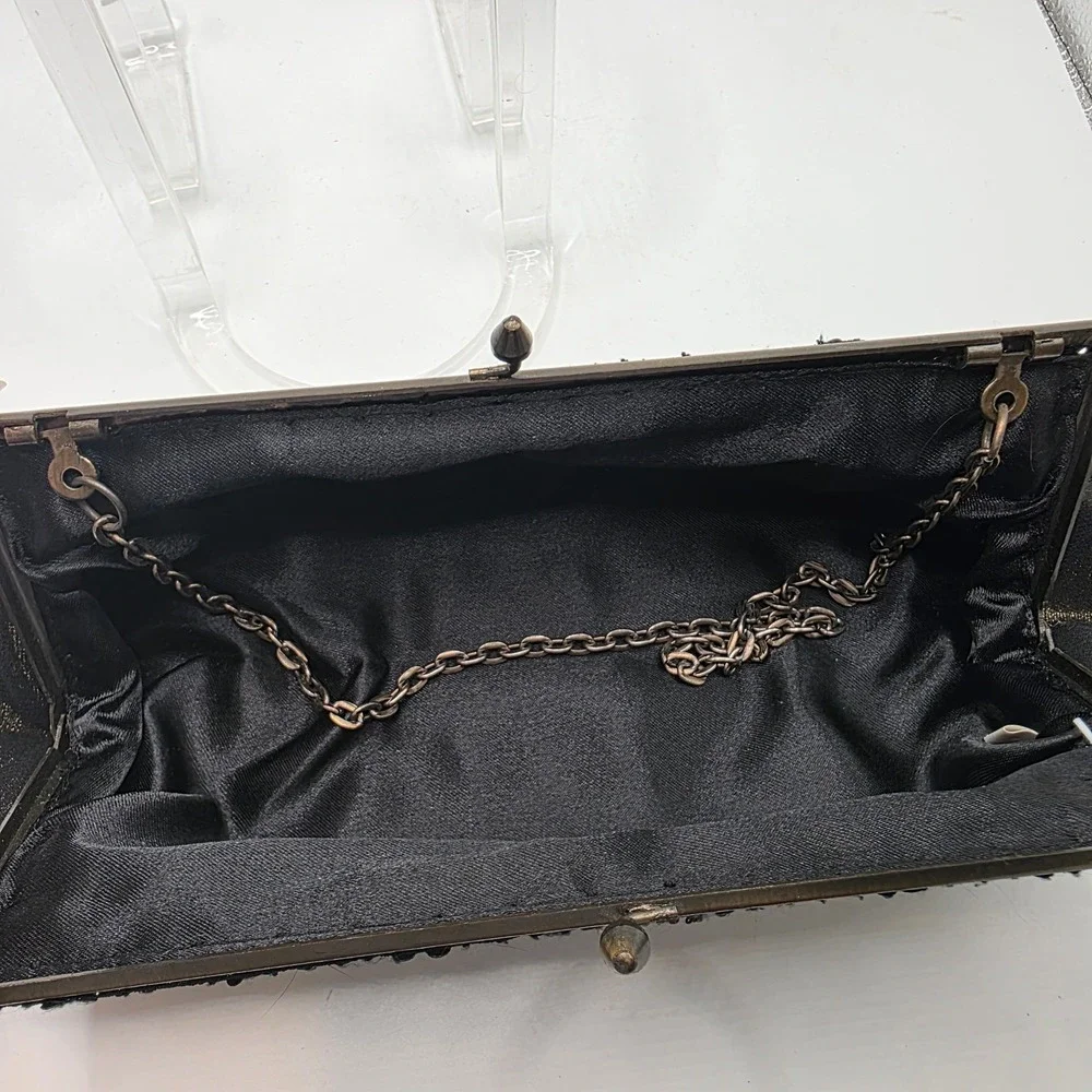Vintage Style Black Sequin Floral Beaded Kiss Lock Evening Clutch Shoulder Bag